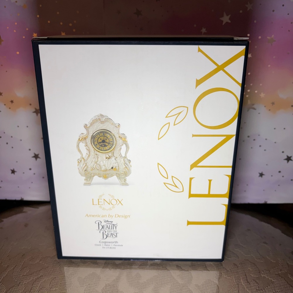 Lenox Disney Beauty and the Beast Cogsworth Clock Ivory Porcelain Gold 7in Boxed